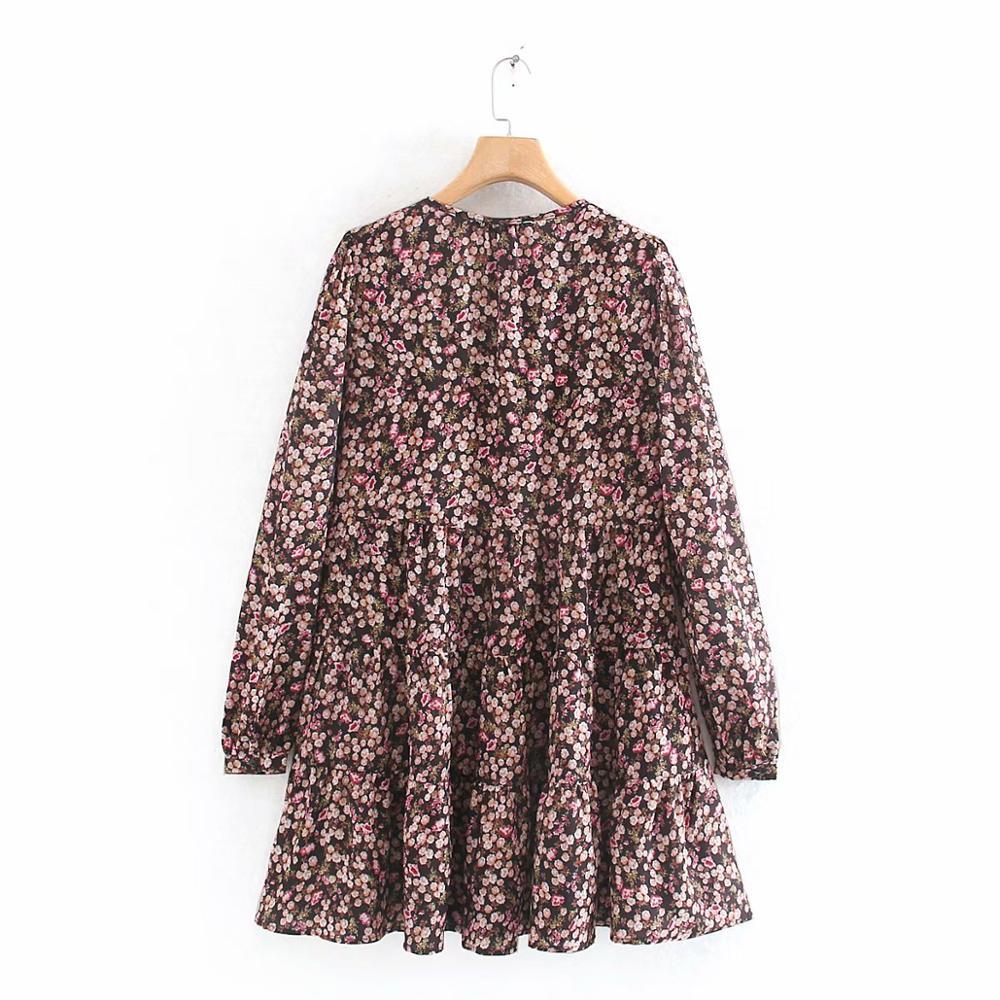 Spring women elegant long sleeve floral print casual shirtdress female o neck leisure mini vestidos chic ruffles dresses 210309