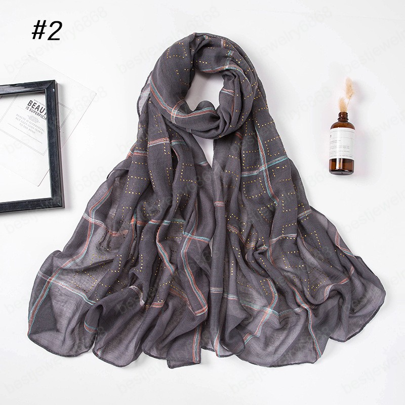 Women Wrinkle Scarf Rhinestone Plaid Muslim Hijab Scarf Turban Head Wrap Solid Color Pleated Scarves
