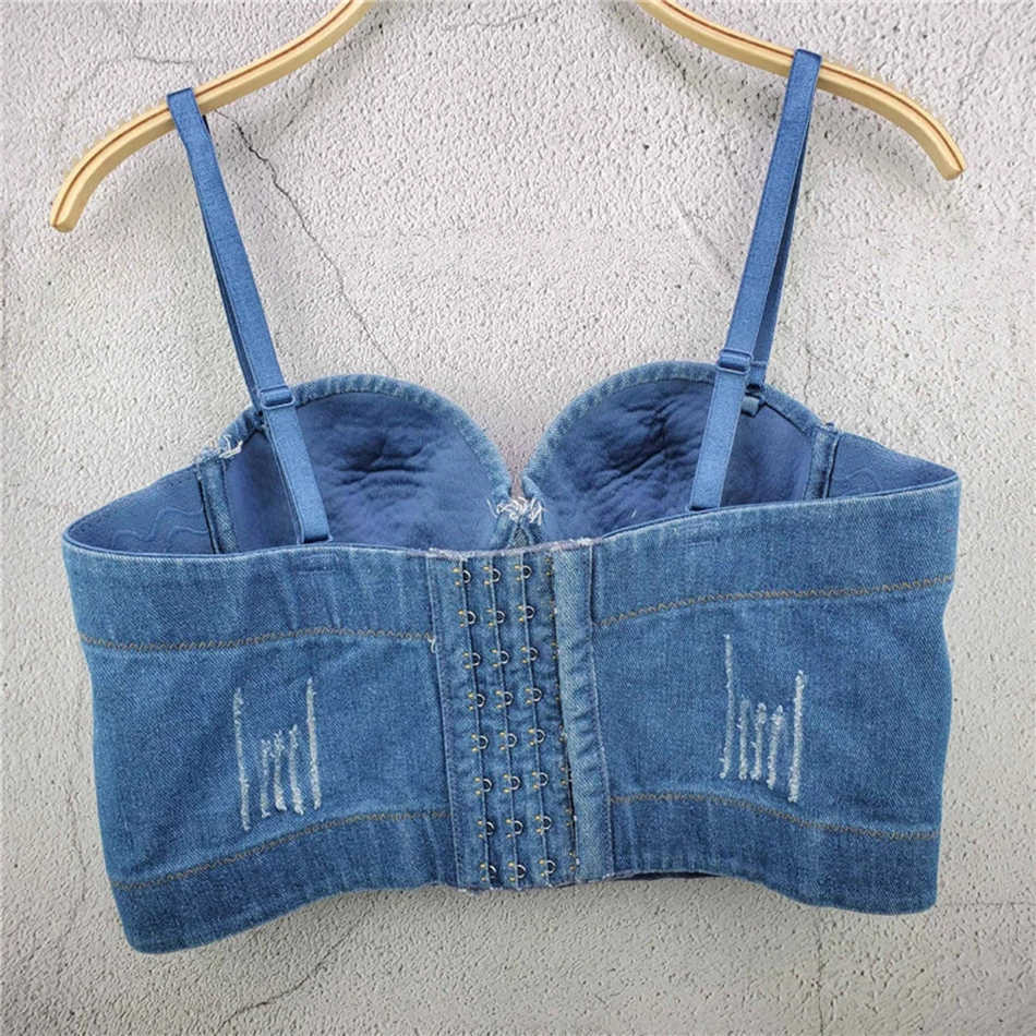 Denim Scratched Women's Spaghetti Strap Diamonds Ripped Push Up Bustier Night Club Party Crop Top Corset Camise Vest 210625