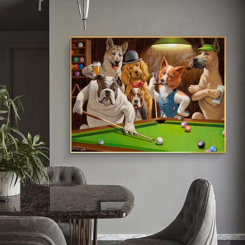 Funny Animal Poster Anime Cartoon Pet Dog Billiards Playing Balls Canvas Painting Modern Wall Art For Living Room Home Decor