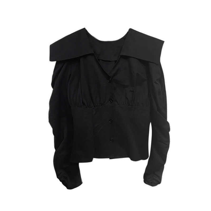 VANOVICH Korean Spring and Summer Women's Fashion Turn-down Collar Pleated Sleeve Shirt Long Blouse 210615Z