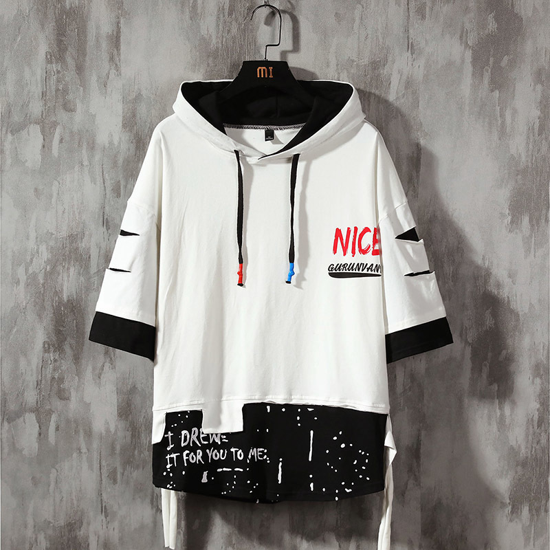 Men ribben hoodies Summer Male Fashion short sleeve hoodies Men s hoodies tshirt Color Splice hooded tshirt Street Style LJ201028