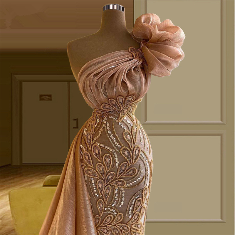 Chic Glitter Prom Dresses One Shoulder Sequins Evening Dress Custom Made Lace Appliques Floor Length Beads Celebrity Party Gown