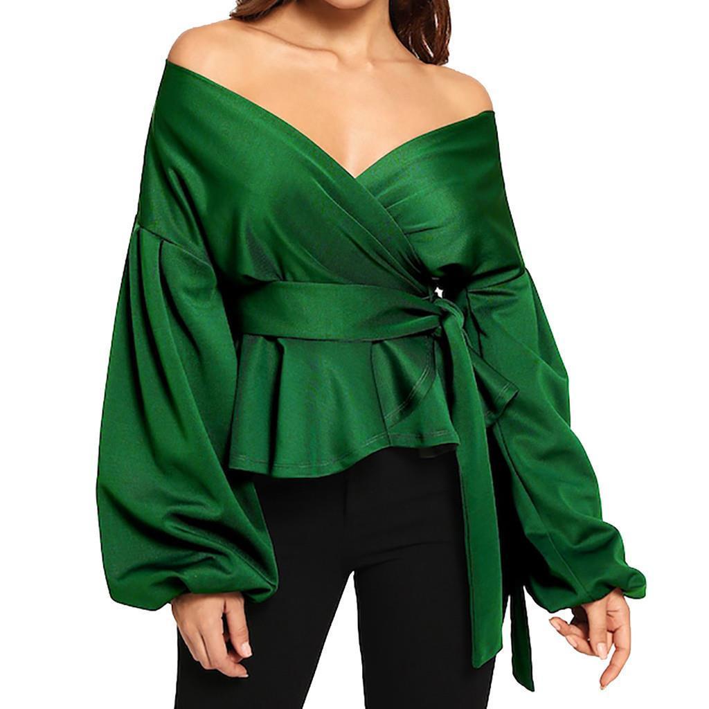 women blouses bandage streetwear silk blouse long sleeve off shoulder v neck lantern bow belt chemisier femme, White
women blouses bandage streetwear silk blouse long sleeve off shoulder v neck lantern bow belt chemisier femme, White