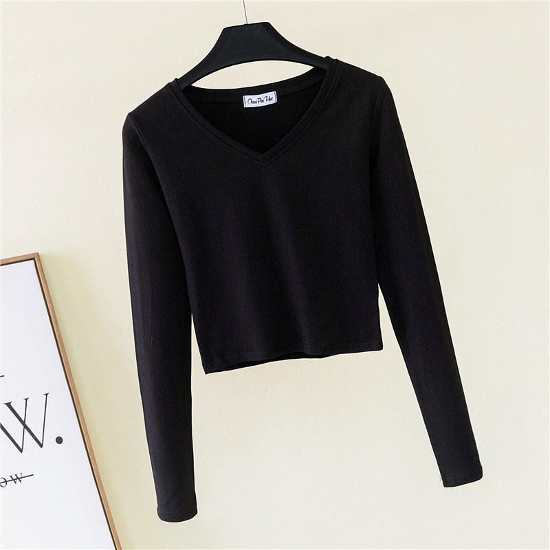 Autumn Large Sizes Cotton Women's Clothing V-Neck Long Sleeve Slim Base Short T-shirts Women Fashion Casual Street Ropa Mujer 210302
