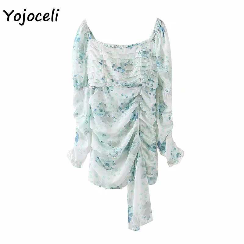 Yojoceli floral print puff sleeve dres party club irregular hem boho beach mini 210609