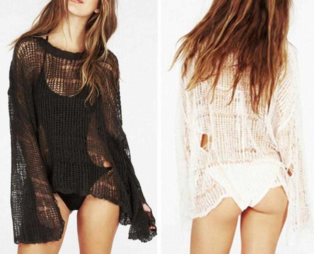 Beach Sexy Hole Sweater Asymmetric Hem Loose Knitted Crochet Heart shape Hollow out Thin Knit Jumper Tops Holiday 210914