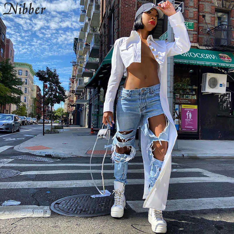 Nibber 2021 Spring New Women's Asymmetric Buttons Long Sleeve Shirt High Street Fashion Solid Color Left Side Super Long Shirt X0628