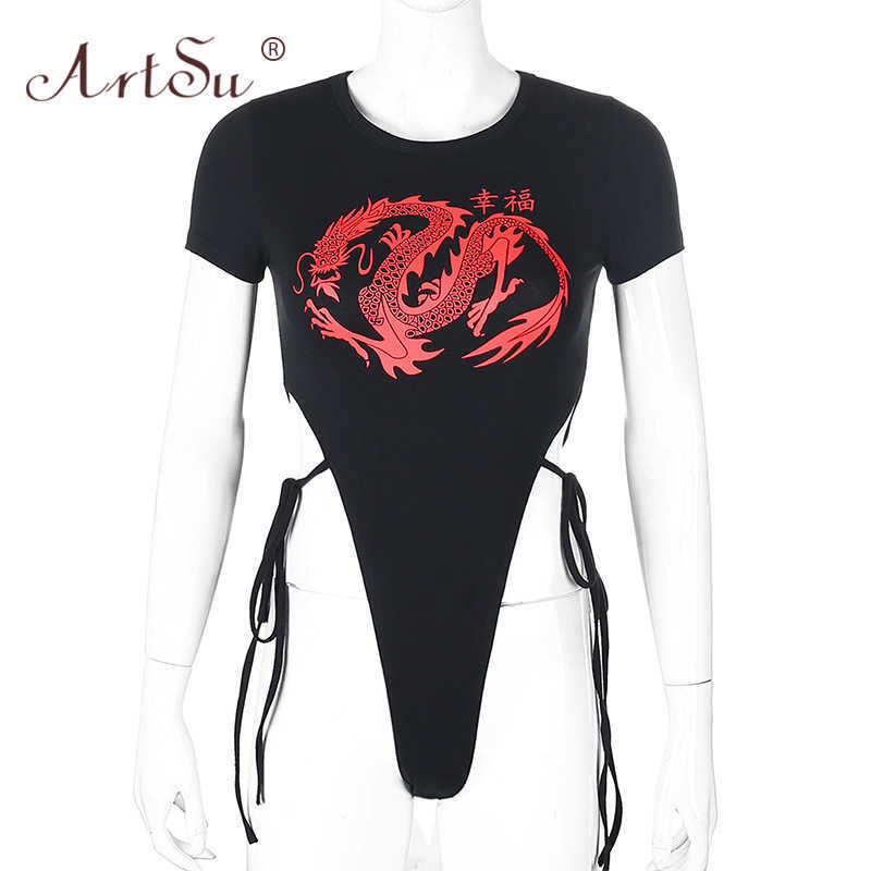 ArtSu Fashion Fire Dragon Print Women Short Sleeve Cut Out Sexy Bodysuit Lace Up Black White Summer Club Bodysuits Streetwear Y0927