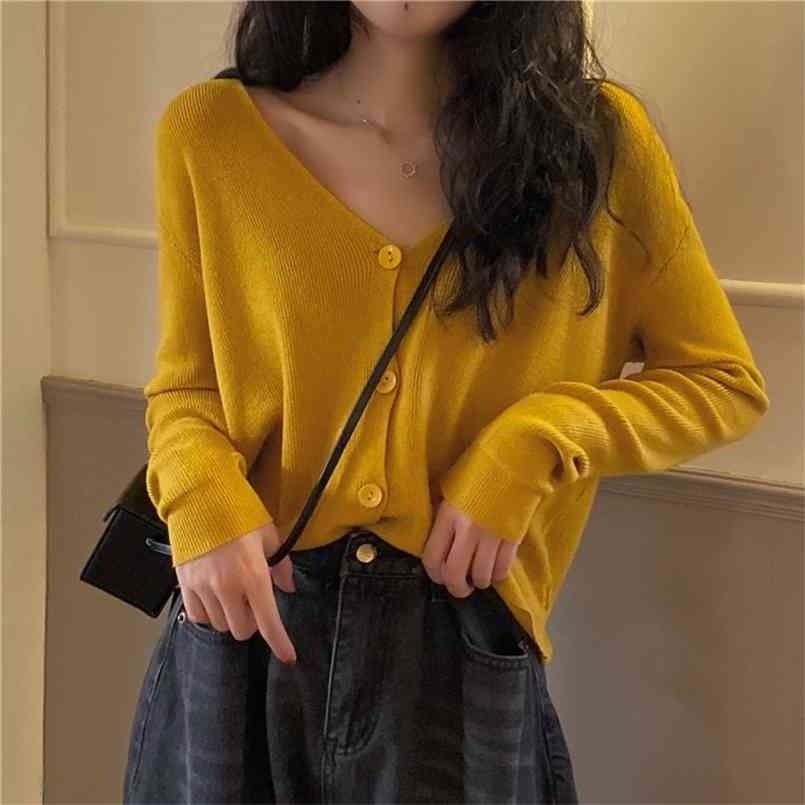 Long Sleeve Sunscreen Cardigan Knitted V Neck Sweater Women Korean Style Solid Color Cardigan Jacket Tops Summer 210917