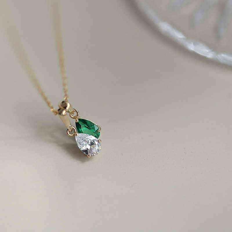 925 Sterling Silver Plated 14K Necklace White Green Zircon Water Drop Pendant Necklace for Women Wedding Jewelry Y220223