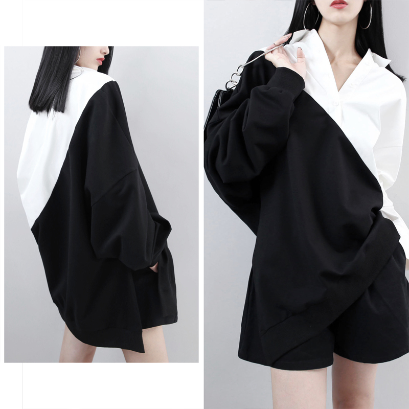 [EAM] Spring Lapel Long Sleeve Solid Color Black White Split Joint Loose Big Size Sweatshirt Women Fahion Tide JC319 201112