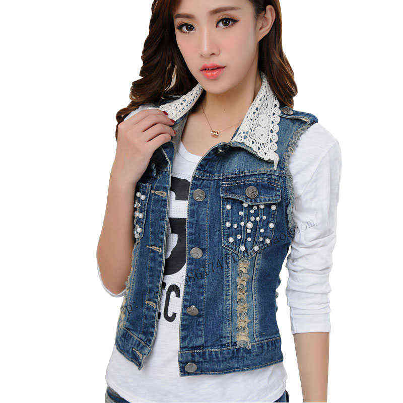 Korean Lace Turn-down Collar Women's Denim Vest Fashion Beaded Slim Jeans Waistcoat Female Plus Size Sleeveless Jacket Cardigan 211120