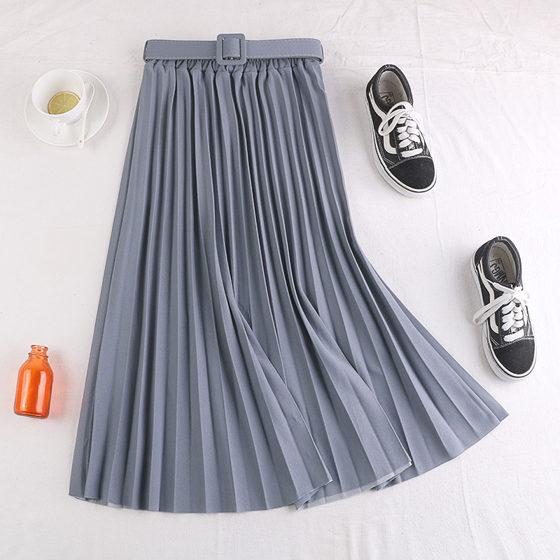 Fashion Autumn Women elegant Retro pleated skirts female High waist skirt with Belt Chiffon Pleated midi long skirts womens 210306