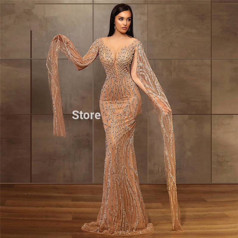 Champagne Crystal Evening Dresses Glitter Muslim Long Sleeves Saudi Arabia Beading Dubai Mermaid Formal Prom Dress Custom Made Party Gowns