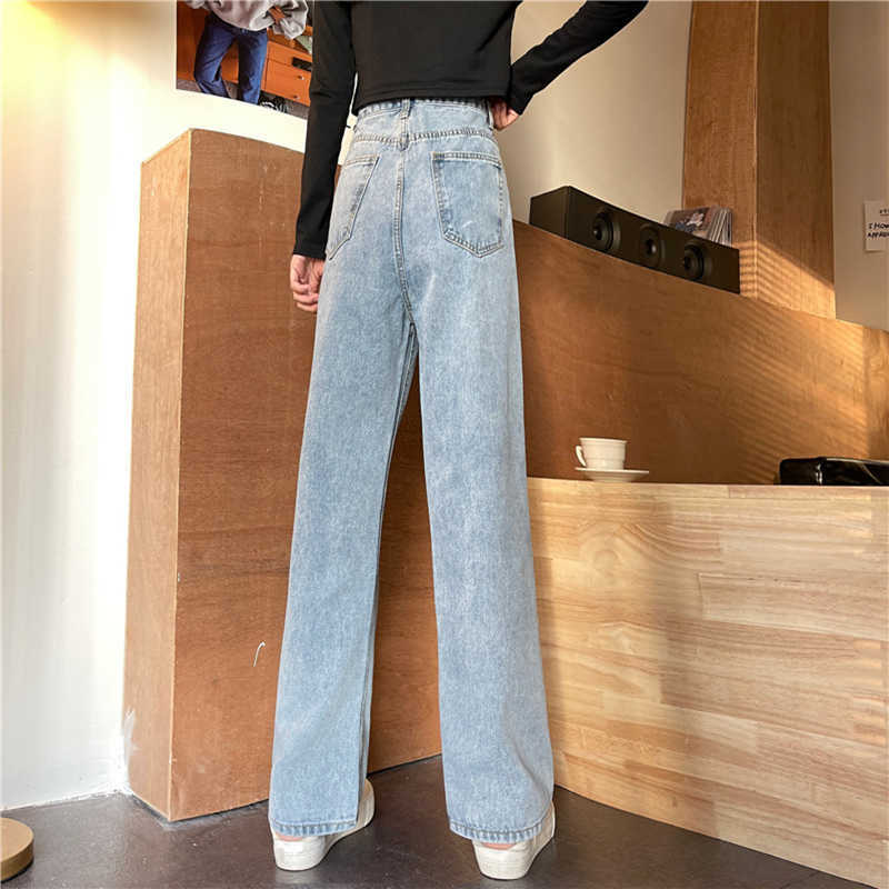 Light Blue Denim Trousers Retro Wide-leg pants women's Ripped Trousers High Waist Casual Jeans Women 210616