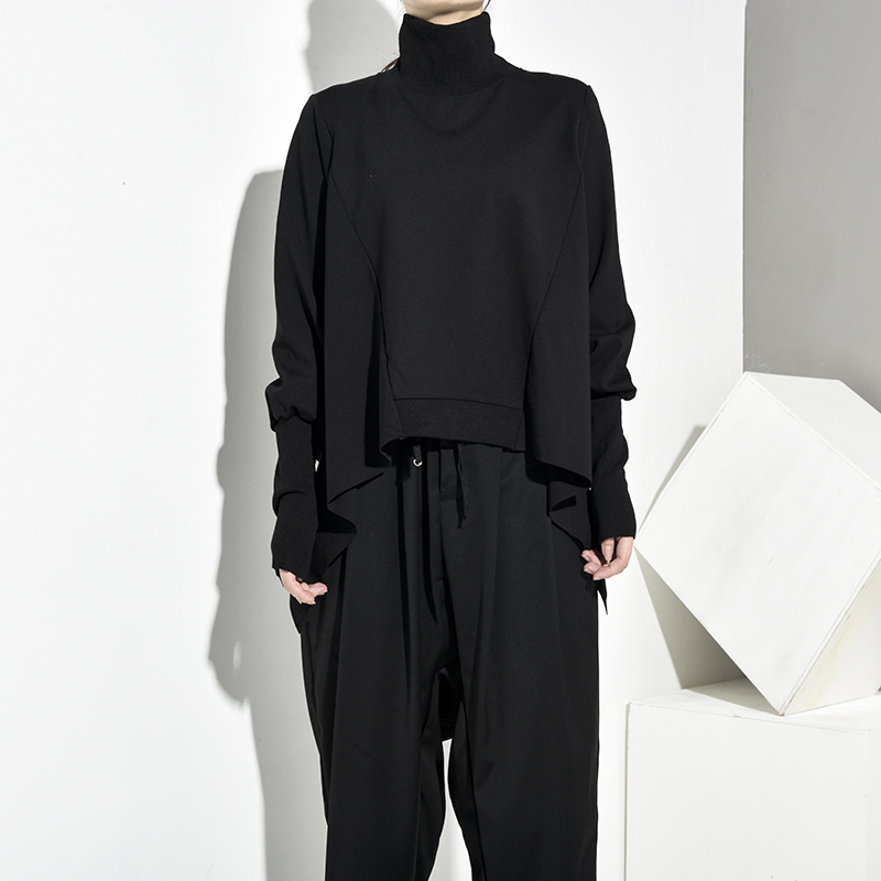 EAM Loose Fit Black Oversize Back Long Sweatshirt High Collar Long Sleeve Women Big Size Fashion Spring Autumn OA8690 201126