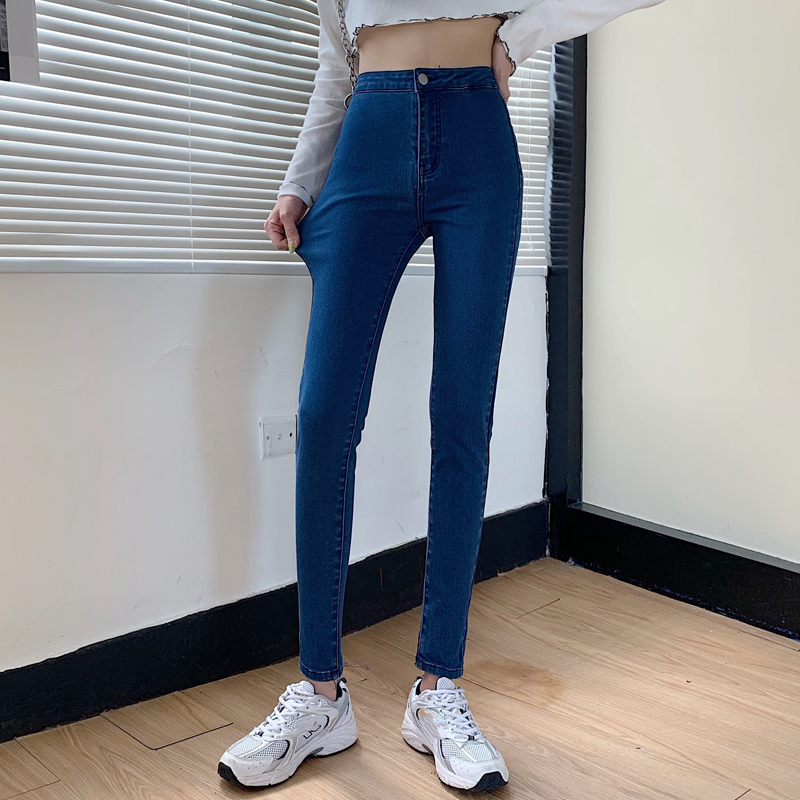 Tonglord Women's Stretch High Waist Jeans Autumn Skinny Trousers Woman Black Blue Gray Washed Pencil Pants Elastic Denim Pants 210222