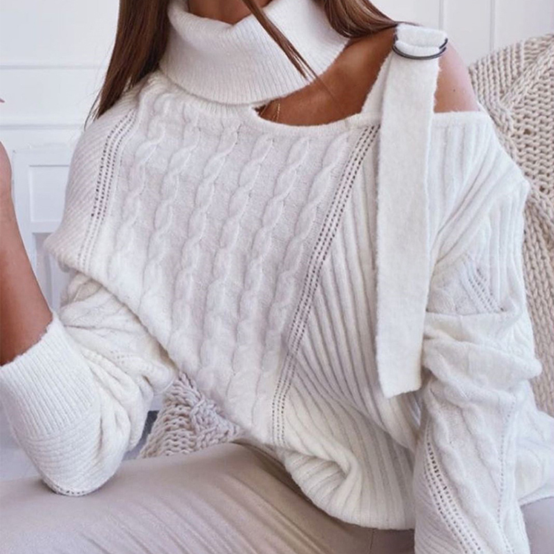 TWOTWINSTYLE Elegany Asymmetrical Women Sweater Turtleneck Long Sleeve Hollow Out Irregular Striped Knitting Sweaters For Female 210218