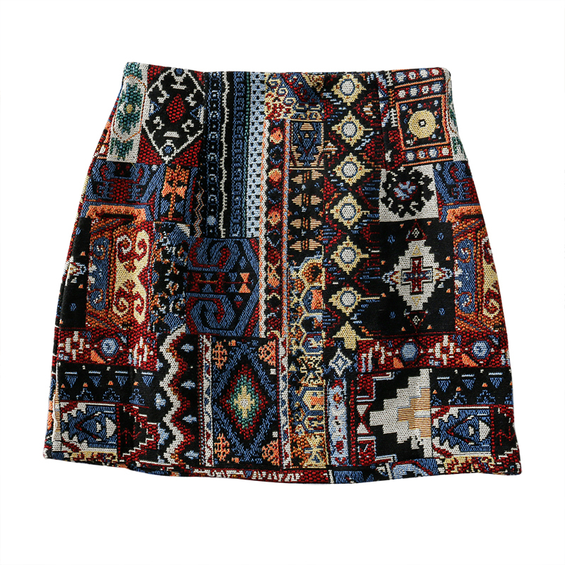 HELIAR Women Boho Skirt Embroidery A-Line Mini Skirts Chic Geometry Pattern Woolen Wide Leg Vintage Bohemian Folk Skirts Women 210311