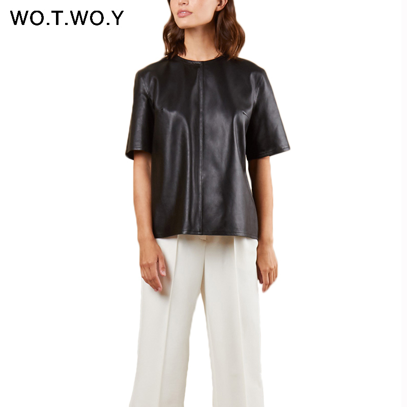 WOTWOY Spring Summer faux leather Women Tshirt Back Zipper Casual Faux Leather Black Female Tshirt Oneck Tops Women T200614
