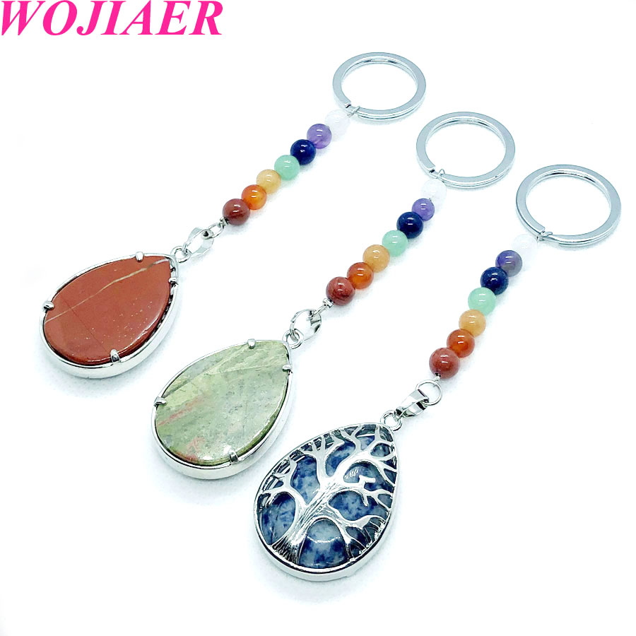 WOJIAER 7 Chakra Water Drop Natural Stone Pendant Key Rings Keychain Tree of Life Keyring Holder Men Women Birthday Gift BW910