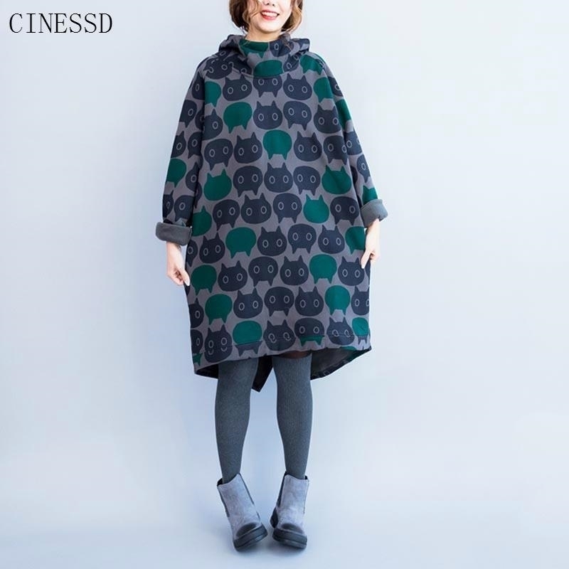 Plus Size Cat Print Hoodies Autumn Winter Kawaii Cartoon Women Vintage Long Hooded Sweatshirt Velvet Thick Hoodie Dress 201113