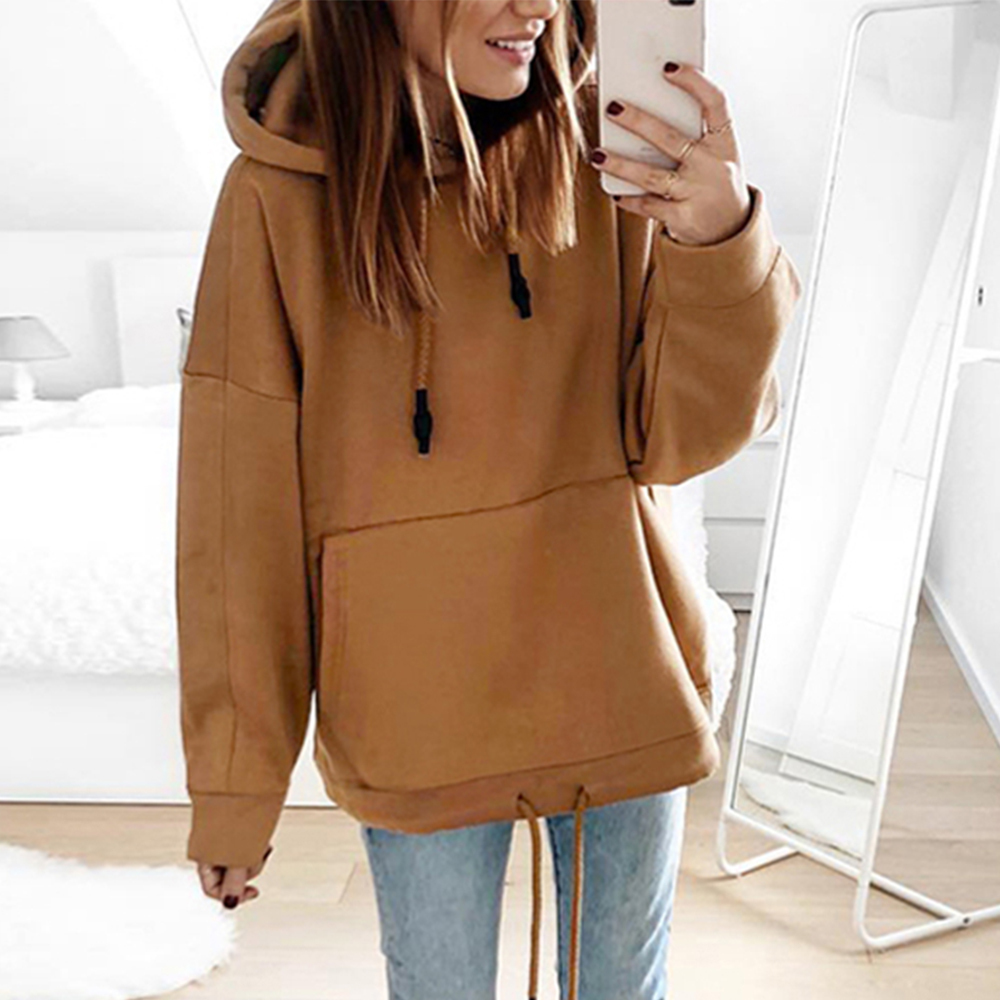 Hoodies Stylish Drawstring Solid Hooded Women Sweatshirt Autumn Winter Girls Big Pockets Pullover Lady Korean Hoodie LJ201103