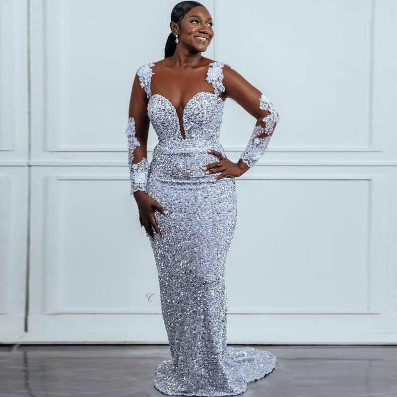 Brilliant Sequined Mermaid Prom Dresses Illusion Long Sleeve Sexy Backless Plus Size Formal Evening Wear Sparkle African Prom Party Gowns