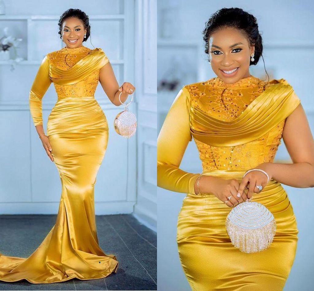 Plus Size Arabic Aso Ebi Yellow Mermaid Sexy Prom Dresses Lace Long Sleeve Satin High Neck African Evening Reception Gown