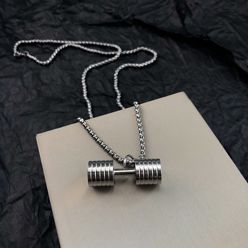 Creative Titanium Steel Fitness Dumbbell Pendent Necklace Barbell Necklaces Stainless Steel Chain Body building Gym Women Men Chains Fitness Trainer J