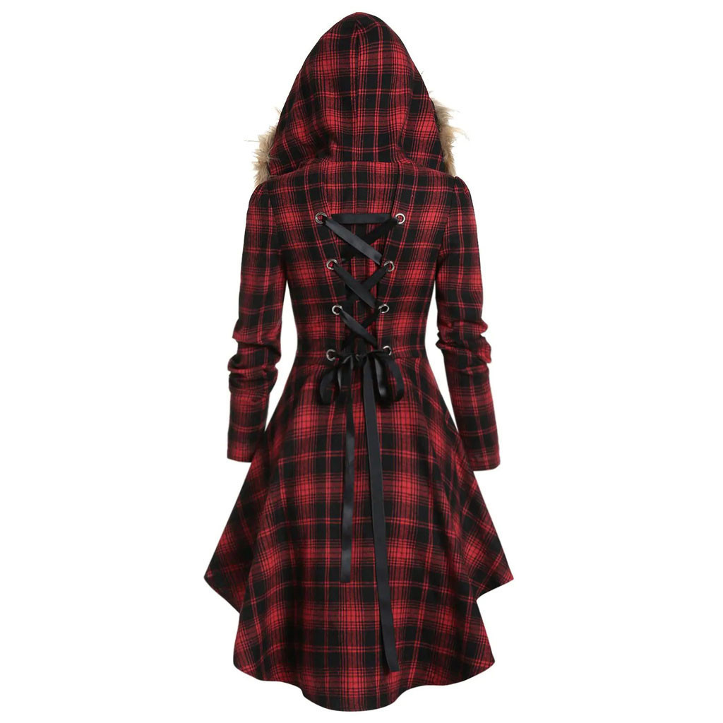 Winter Gothic Red Plaid Faux Fur Hooded Goth Back Lace-up Button Long Sleeve Plus Size Women Dress 201008