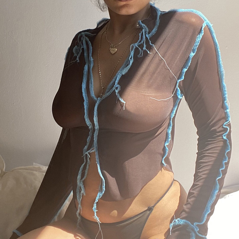 YICIYA Sexy Low Cut Mesh Transparent Crop Top Women T-shirt Autumn New Clubwear Rave Party See-through Long Sleeve Tee Shirts 210302