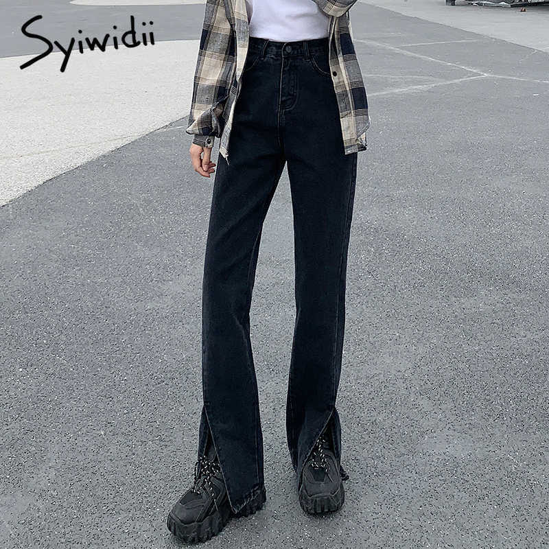 Syiwidii Women Jeans Black Flare Pants Front Side Slit Leg Fall High Waisted Bell Bottom Full Length Denim Clothes 210922