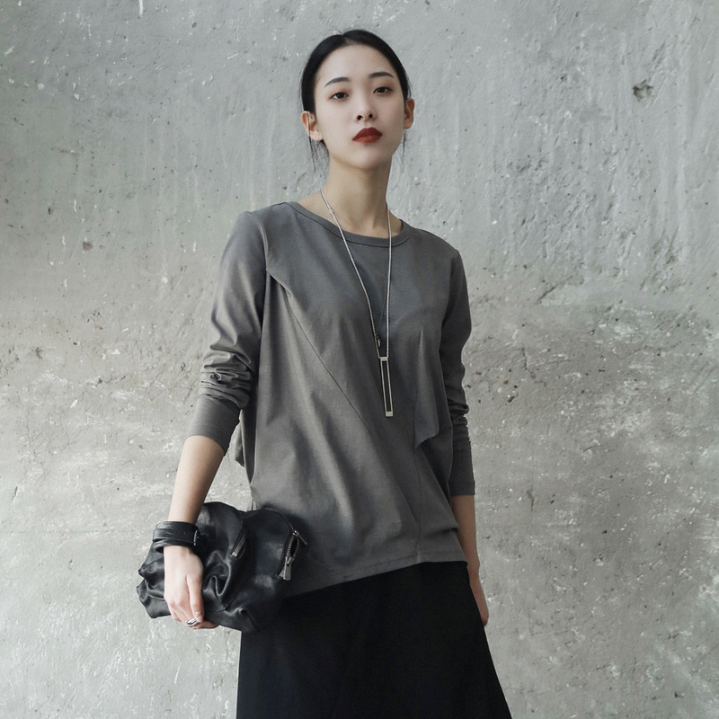 [EAM] 2021New Spring Autumn Round Neck Long Sleeve Black Fod Split Joint Loose Elastic T-shirt Women Fashion Tide JE82701S 210302