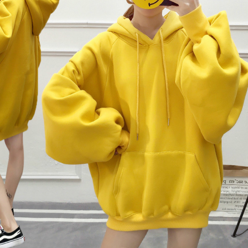 Women's Oversized Sweatshirt Lantern Sleeves Plus Velvet Pure Color Casual Hoodie Autumn And Winter Fashion Pullover Coat 201113