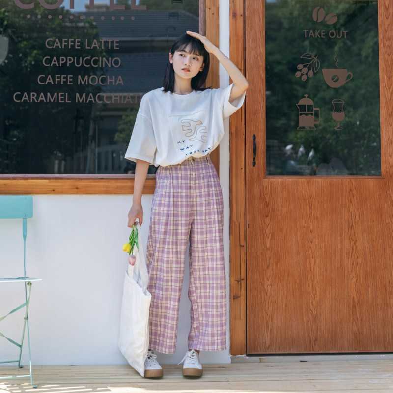 Casual Loose Elastic Waist Plaid Pants for Women Sweet Fresh All-match Wide Leg Trousers Fashion Office Lady Bottoms 210525