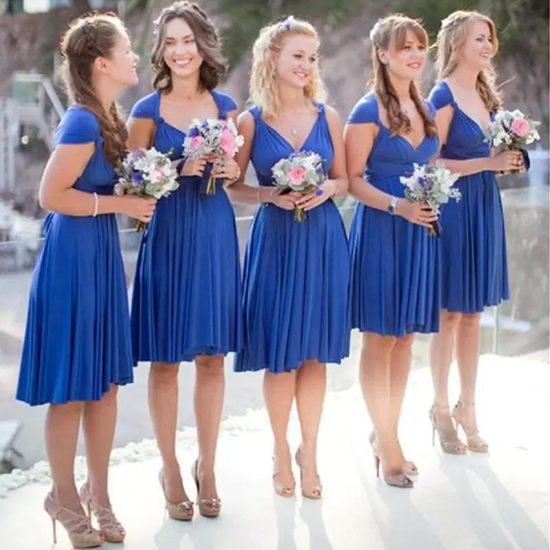 Blue Simple Royal Plus Size Short Bridesmaid Dresses Ruched Knee Length Straps Custom Made Maid Of Honor Gown Country Beach Wedding Party Wear Vestido