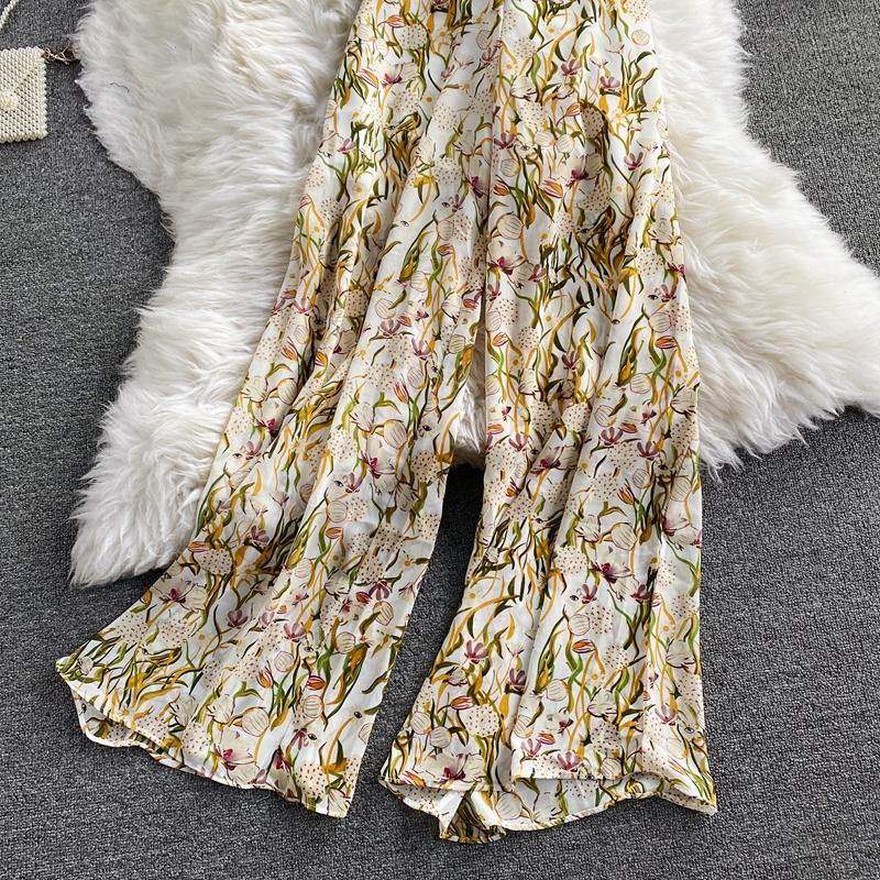 Women's Two Piece Pants Bohemian Summer Women Sets Vacation Beach Elegant Halter Sleeveless Chiffon Tops And High Waist Wide Leg Female