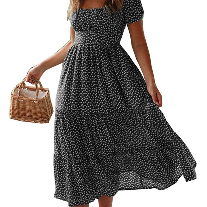 90s Ladies Square Neck Puff Sleeve Summer Floral Print Ruched Cake Dress Bohemia A-line Midi-length Tunic Casual Red Dance 210604