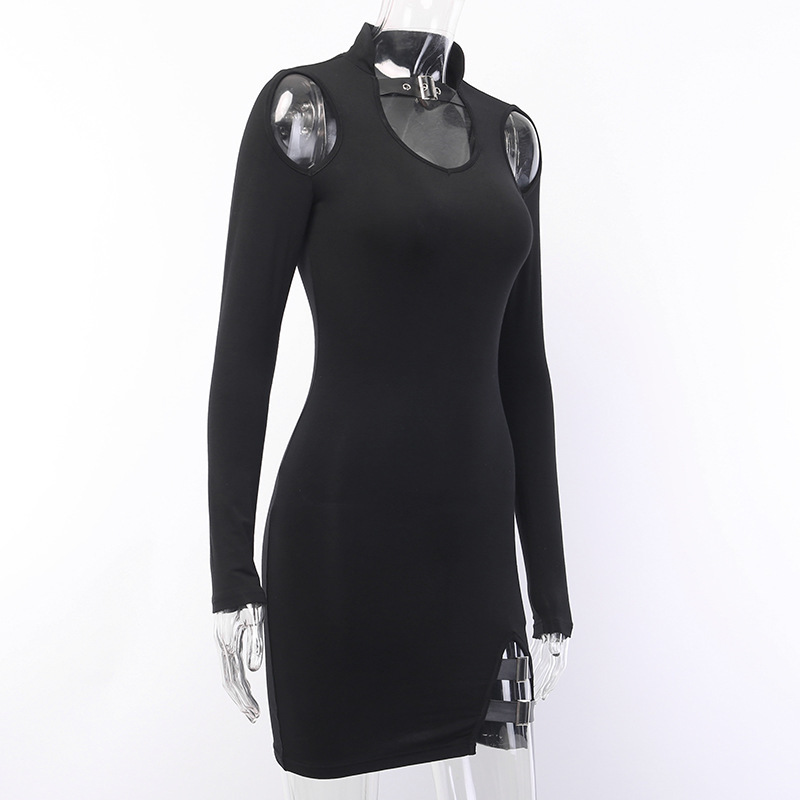 Vintage Gohtic Dresses Harajuku Autumn 2020 Winter Hollow Out Dress Women Long Sleeve Spliced Buckle Grunge Punk Chic C0304