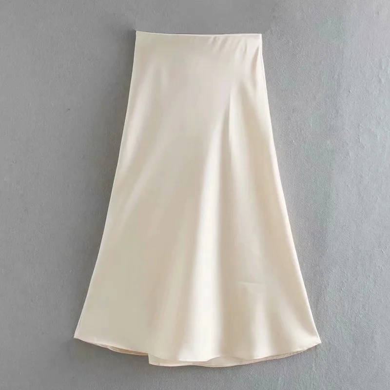 Solid Satin Elastic waist Women Midi Skirt New Fashion Casual Lady Slim A-Line Skirts P1596 210306