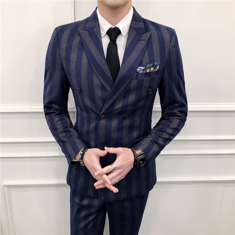 Male Double Breasted Striped British Business Formal Terno Masculino Fashion Piece Suit for Wedding Costume Homme Ozmr, Blue
Male Double Breasted Striped British Business Formal Terno Masculino Fashion Piece Suit for Wedding Costume Homme Ozmr, Blue