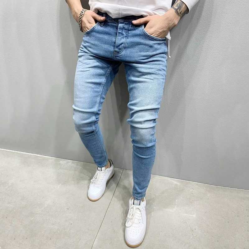 Puimentiua Jeans Men Elastic Waist Skinny Stretch Ripped Pants Streetwear s Denim Blue 211011