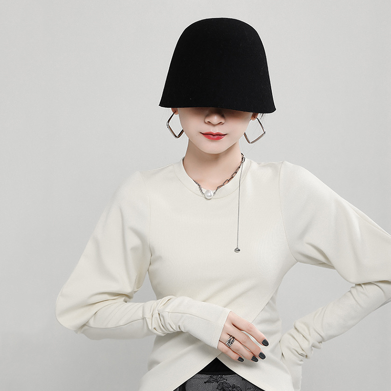 [EAM] Women Shaped Irregular Tight T-shirt New Round Neck Puff Long Sleeve Fashion Tide Spring Autumn 2021 1DD2529 210302