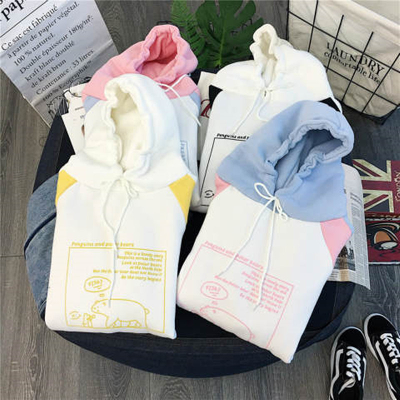 Women Plush Cute Bear Print Hoodie Long Sleeve Hoody Female Sweatshirts Loose Size Lovely Cotton Treetwear Top Spring Clothes 201102