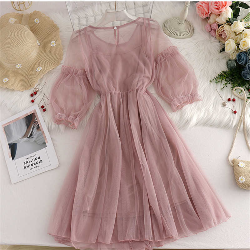 Sanishroly Summer Autumn Women Long A-Line Dress Sweet Floral Butterfly Lace Dress Female Short Sleeve Mesh Dress Vestidos CD086 210630