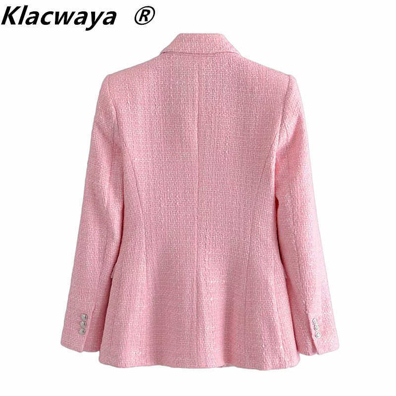 Klacwaya Za Blazer Women Fashion Pink Plaid Texture Casual Spring Autumn Office Double breasted Coat 210907