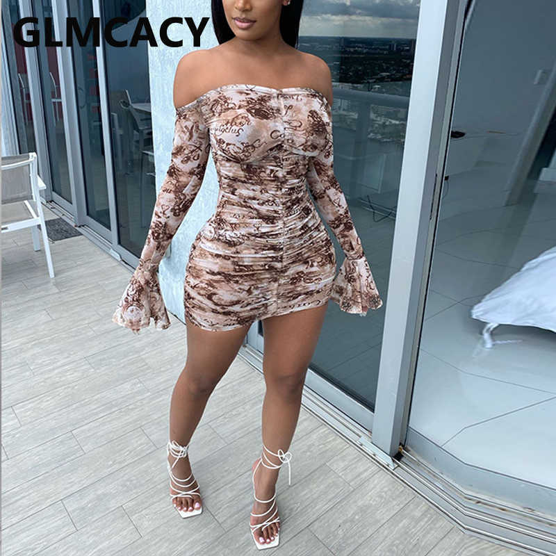 Women Flare Sleeve Off Shoulder Dress Ruched Bodycon Sweet Party Dresses 210702
