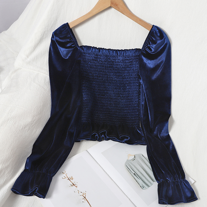 OCEANLOVE Korean Women Blouses and Tops Solid Sqaure Neck Vintage Short Shirts Elegant Autumn Velour Blusas Slim Ruffles 18434 210225